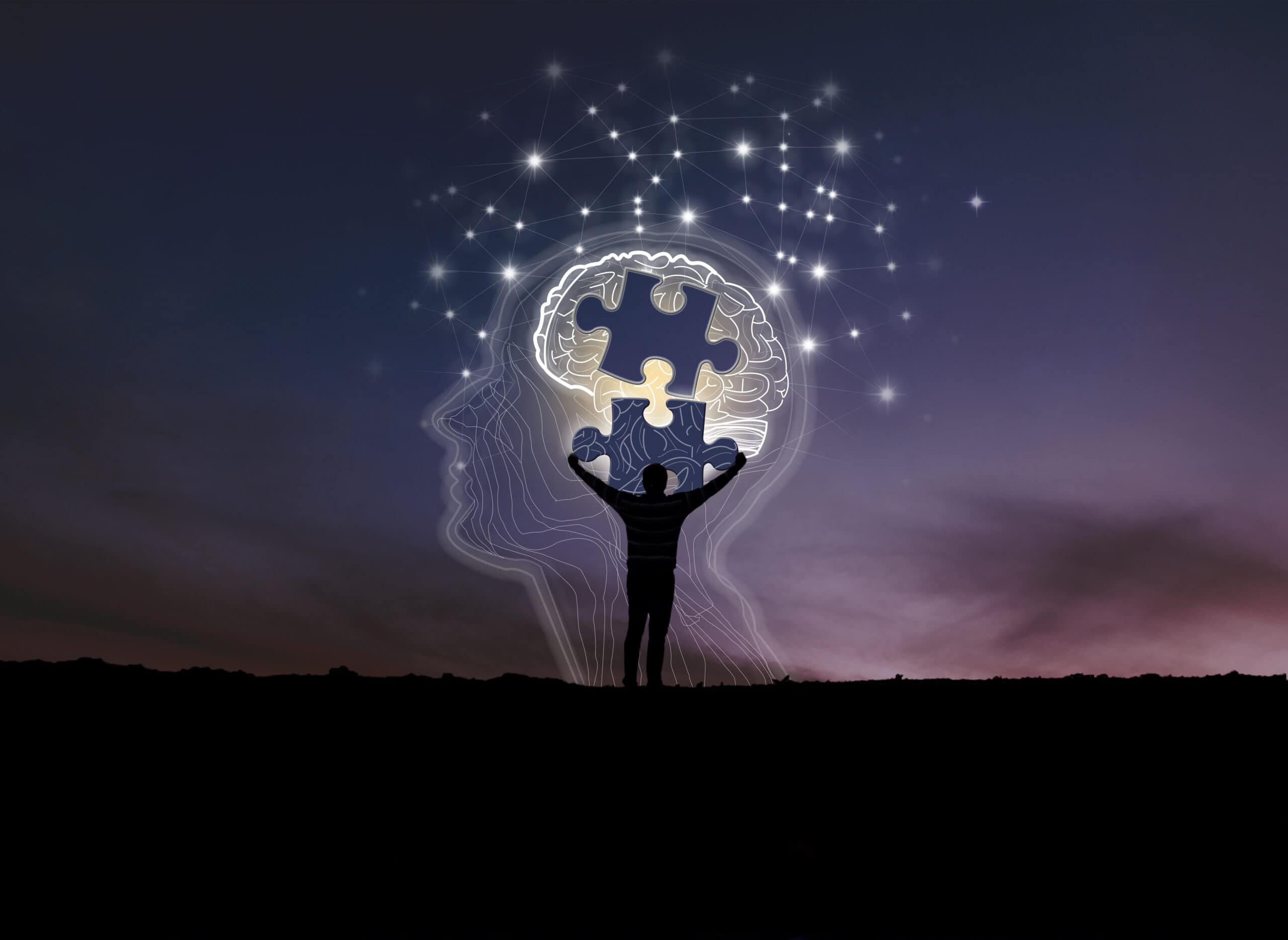 Picture of night sky with illuminated head and brain outline with a missing puzzle piece. Silhouette holding up the missing puzzle piece