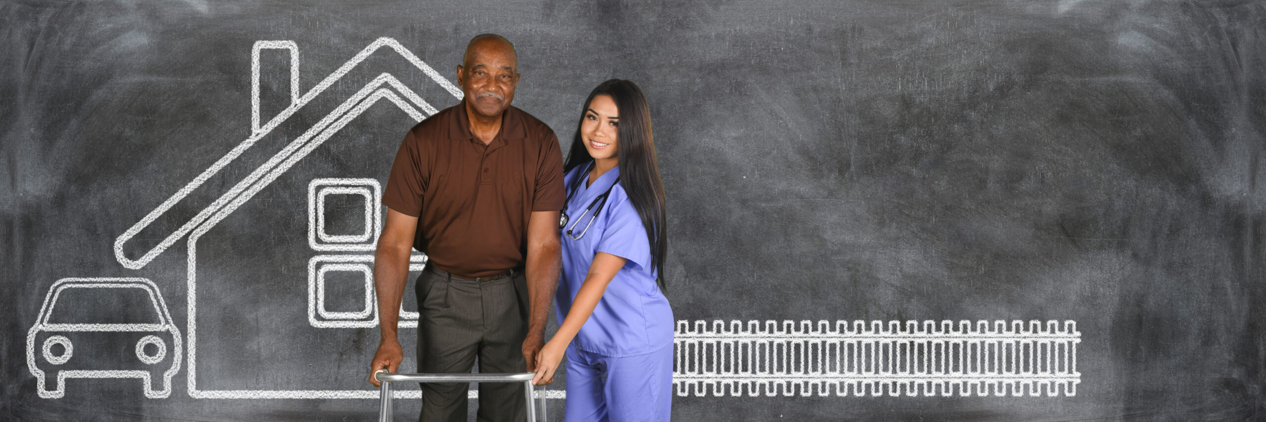 Elderly African American patient with a walker being assisted by young, female nurse in front of a black and white chalk drawing of a house, fence, and car